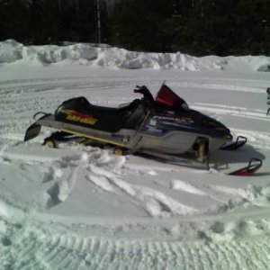 my sled in the parking lot in clam lake