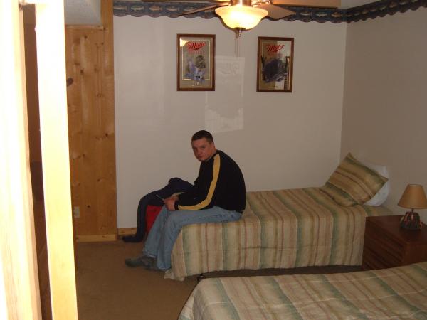 Andy in our cabin upon arrival, him along with me wondering what we really were in for with the Siggin's