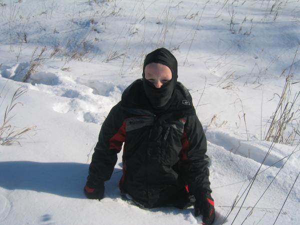 forest lake with little buddy...showing him how to make the snow look deeper than it is by kneeling!!!