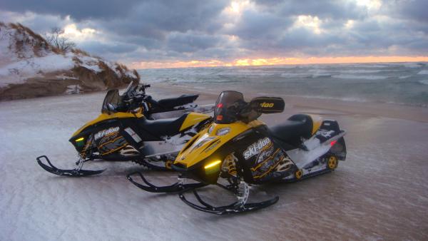 Snowmobiling over to Lake Michigan