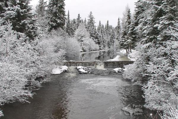 Traprock River Dam covered in snow